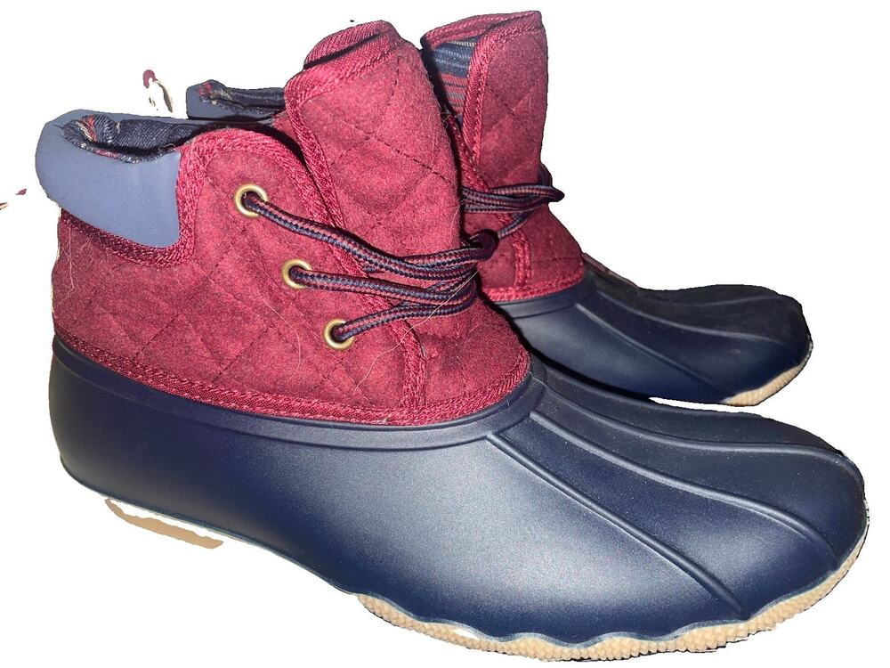 Gypsy Jazz Women’s Duck Boots Burgundy And Navy Blue Rubber Bottoms Sz 11 New